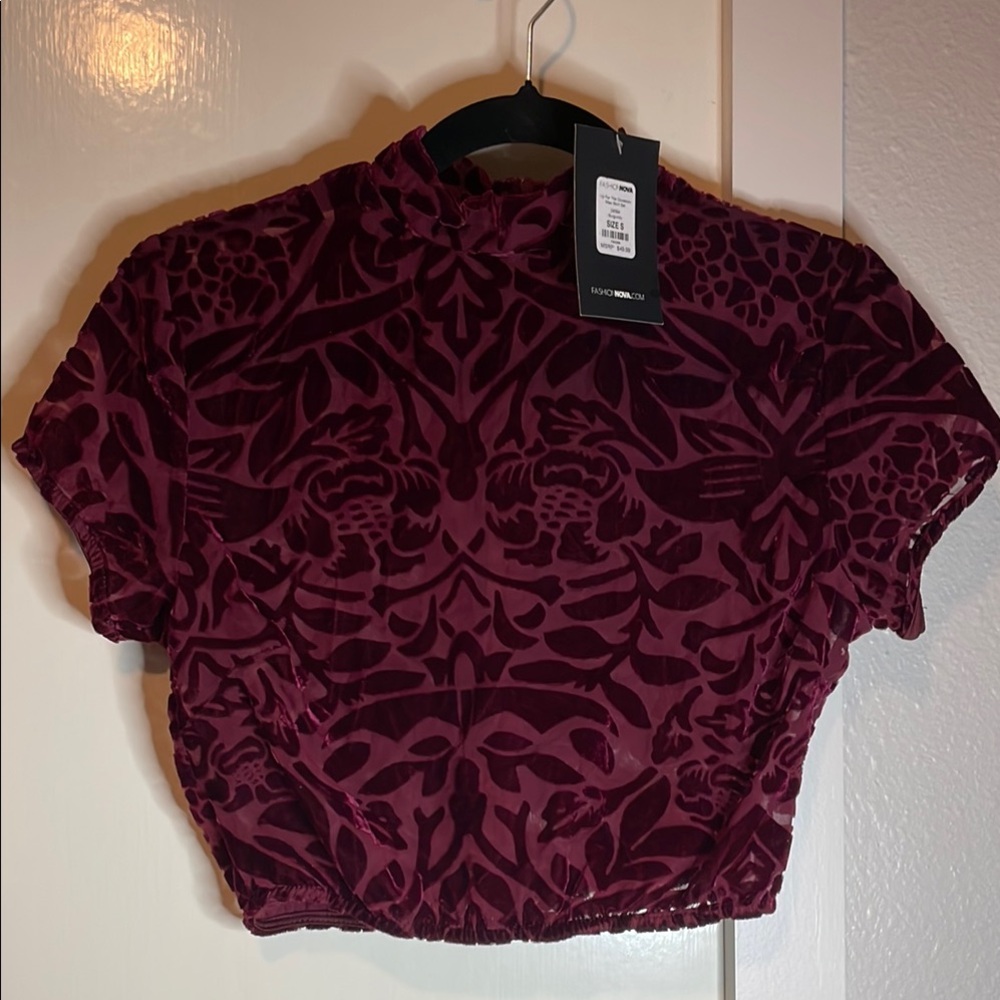 Fashion Nova Floral Velvet Crop Top - Burgundy